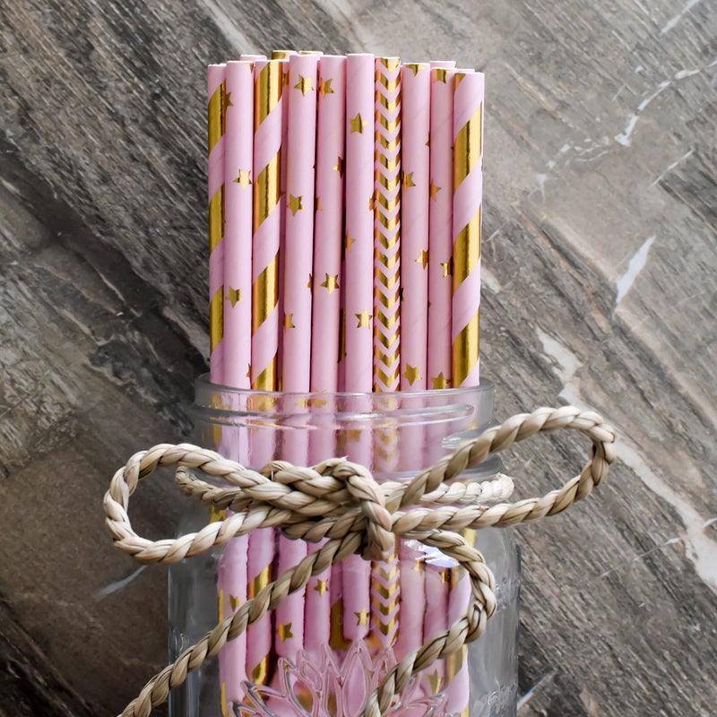 KEDON Pink Gold Paper Straws 100, Disposable Cake Pop Sticks Metallic Gold Striped Star Decorative Pink Straws for Drinking Cocktail Bachelorette Wedding Crafts Baby Bridal Shower Gender Reveal - Image 5