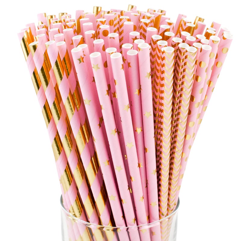 KEDON Pink Gold Paper Straws 100, Disposable Cake Pop Sticks Metallic Gold Striped Star Decorative Pink Straws for Drinking Cocktail Bachelorette Wedding Crafts Baby Bridal Shower Gender Reveal - Image 1