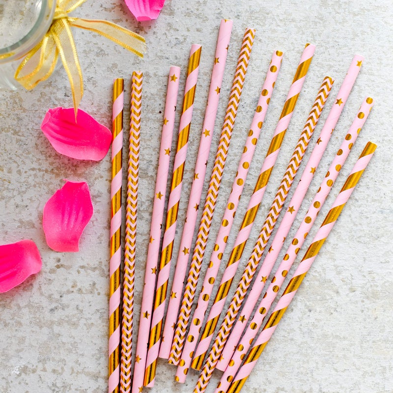 KEDON Pink Gold Paper Straws 100, Disposable Cake Pop Sticks Metallic Gold Striped Star Decorative Pink Straws for Drinking Cocktail Bachelorette Wedding Crafts Baby Bridal Shower Gender Reveal - Image 2