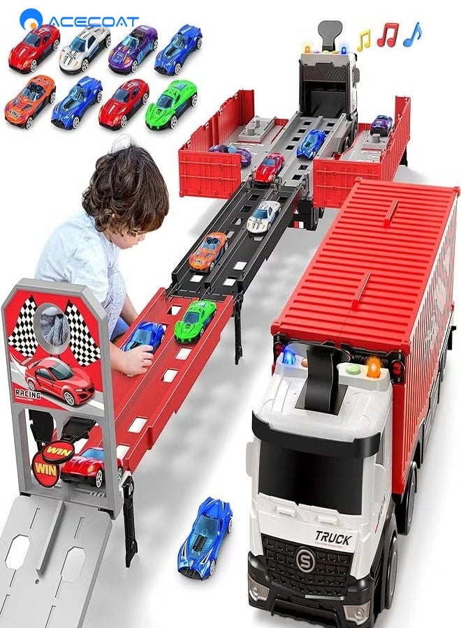 ACECOAT Race Car Track Toy Truck Toy with Slots & Foldable Race Tracks Transport Car Carrier Toy for Toddlers Cars Toy Set Container Truck Toy with 8 Alloy Cars Vehicles Toy Set for 3+ Kids Boys Girls - Image 1