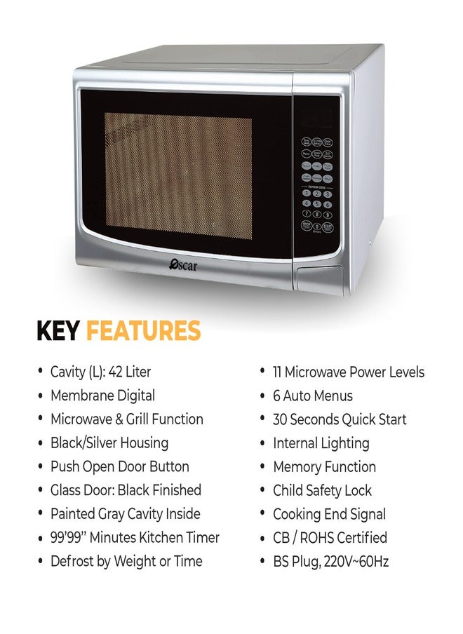 OSCAR | Microwave Oven With Grill | Model: OMW42LDTS | 42 Liter Capacity & Digital Touch Control | 11 Power Levels | 7 Auto Menus | Defrost Settings | Child Safety Lock - pzsku/ZED4CCC9FB2C7008CA78BZ/45/_/1738750671/96d8c76c-3cb4-43c9-9304-4caa2f8838a4