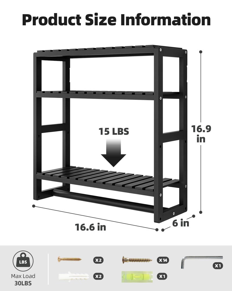 Galood Over The Toilet Storage Bathroom Shelves Wall Mounted 3 Tier Space Saver Corner Shelf Organizer Bamboo Towel Rack Toilet Paper Cabinet with Hanging Rod Black - Image 4