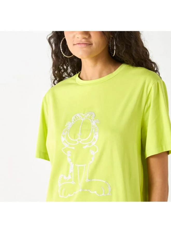 SP Characters Garfield Embroidered T-Shirt with Crew Neck and Short Sleeves