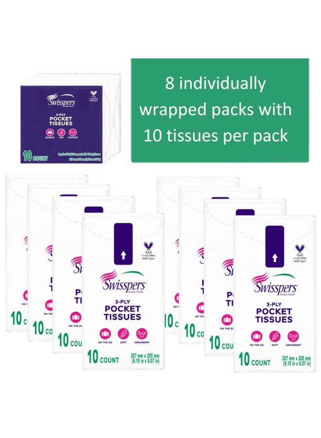 Swisspers Pocket Tissues, 3-Ply White Facial Tissues for Purse, Pocket, Car, Strong & Absorbent, 10 Tissues/Pack, 8 Packs (80 Tissues Total) - Image 3
