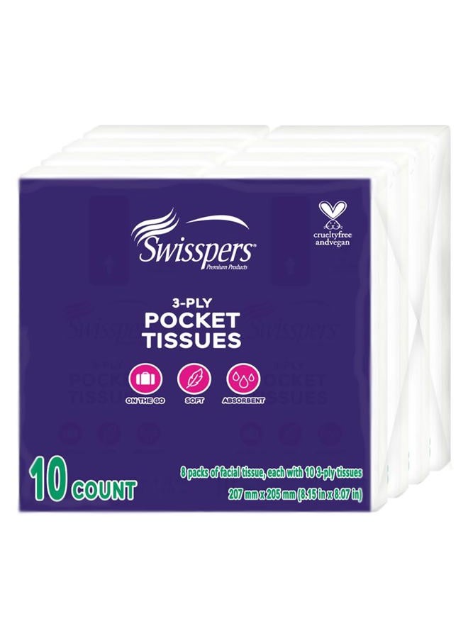 Swisspers Pocket Tissues, 3-Ply White Facial Tissues for Purse, Pocket, Car, Strong & Absorbent, 10 Tissues/Pack, 8 Packs (80 Tissues Total) - Image 1