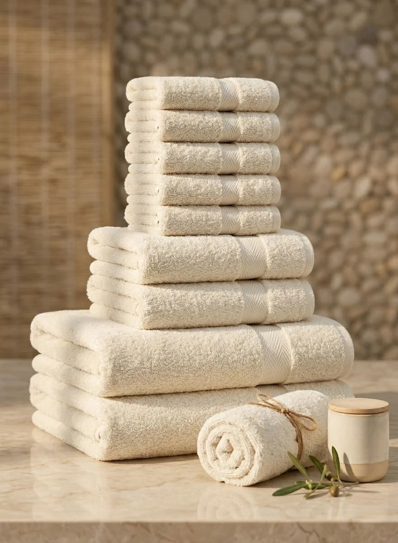 1 تشيس طقم مناشف قطنية 100% مكون من 10 قطع - 600 غرام/متر مربع، فاخر، لون فانيليا/أبيض كريمي، مناشف للحمام واليدين والغسيل