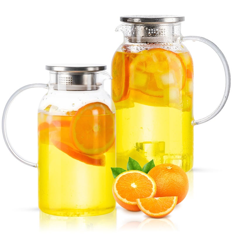 LSR LORESO Round Glass Pitcher with Lid & Spout, 2 Pack 1.8L 60 Oz â€“ Water Pitcher with Handle for Fridge, Brosilicate Glass Carafe Hot & Cold Drink, Large Jug for Icead Tea Coffe Juice, Jarra De Vidrio Con Tapa - Image 2