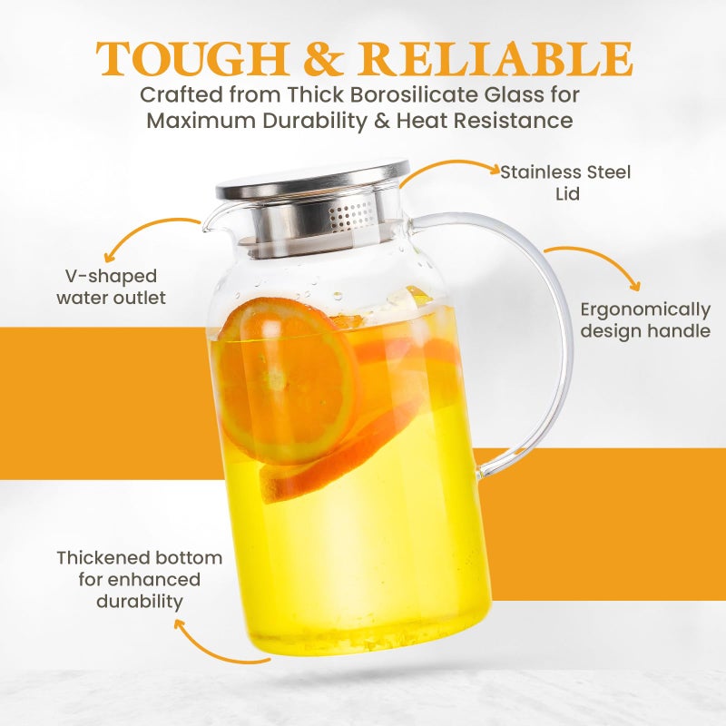 LSR LORESO Round Glass Pitcher with Lid & Spout, 2 Pack 1.8L 60 Oz â€“ Water Pitcher with Handle for Fridge, Brosilicate Glass Carafe Hot & Cold Drink, Large Jug for Icead Tea Coffe Juice, Jarra De Vidrio Con Tapa - Image 4