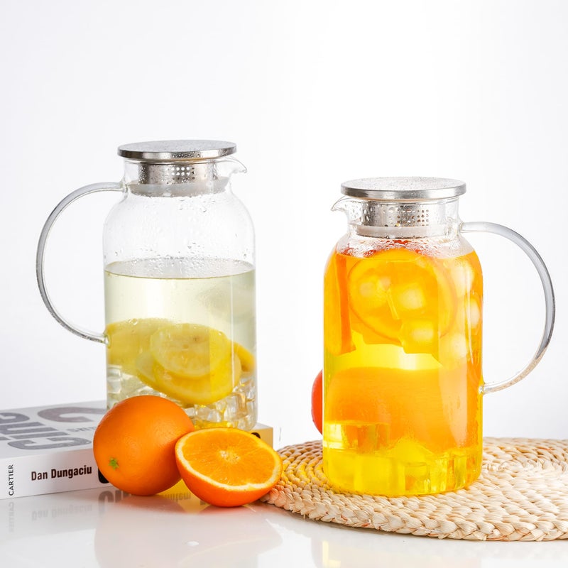 LSR LORESO Round Glass Pitcher with Lid & Spout, 2 Pack 1.8L 60 Oz â€“ Water Pitcher with Handle for Fridge, Brosilicate Glass Carafe Hot & Cold Drink, Large Jug for Icead Tea Coffe Juice, Jarra De Vidrio Con Tapa - Image 3