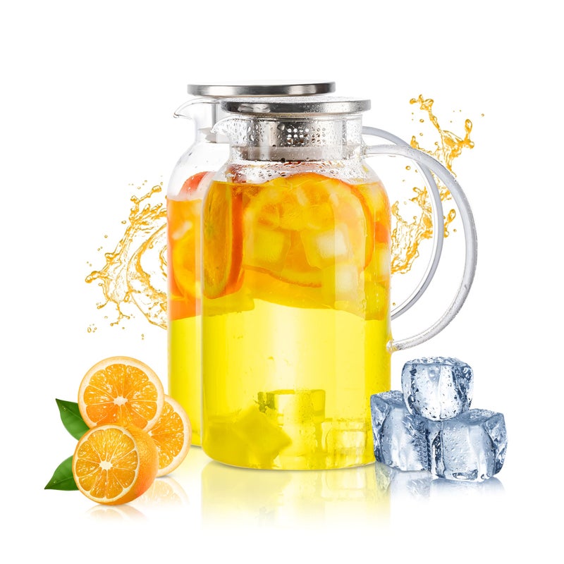 LSR LORESO Round Glass Pitcher with Lid & Spout, 2 Pack 1.8L 60 Oz â€“ Water Pitcher with Handle for Fridge, Brosilicate Glass Carafe Hot & Cold Drink, Large Jug for Icead Tea Coffe Juice, Jarra De Vidrio Con Tapa - Image 1