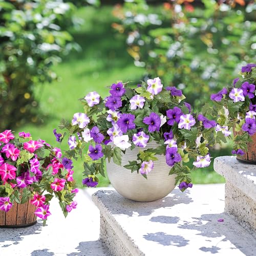 Ammyoo Artificial Fake Flowers Plants for Outdoor Decoration, 2PCS Faux Petunias Silk Flower UV Resistant No Fade for Home Outside Garden Balcony Yard Porch Realistic Indoor Decor (Purple White) - Image 4