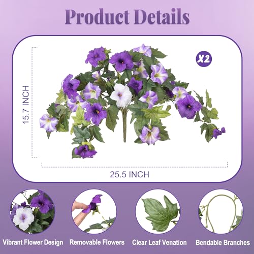 Ammyoo Artificial Fake Flowers Plants for Outdoor Decoration, 2PCS Faux Petunias Silk Flower UV Resistant No Fade for Home Outside Garden Balcony Yard Porch Realistic Indoor Decor (Purple White) - Image 2