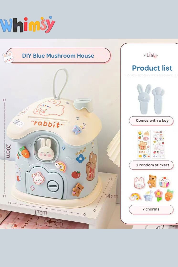 Whimsy Storage Box for Kids, Rabbit Mushroom House Toys with Puzzle DIY Sticker Lovely for Kids, Durable Money Saving Box with Handle and Secure Lock, Great Toy for Boys Girls Birthday Gift or Home Decoration, Great Presents (blue) - Image 1