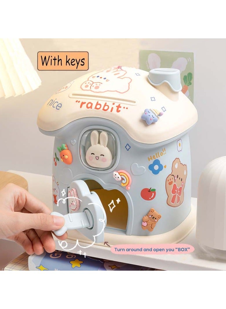 Whimsy Storage Box for Kids, Rabbit Mushroom House Toys with Puzzle DIY Sticker Lovely for Kids, Durable Money Saving Box with Handle and Secure Lock, Great Toy for Boys Girls Birthday Gift or Home Decoration, Great Presents (blue) - Image 4