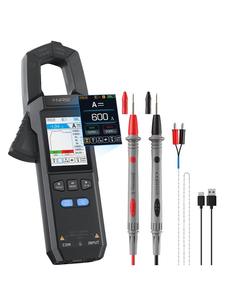 فنيرسي مقياس تيار رقمي FNIRSI DMC-100، مقياس متعدد الاستخدامات 9999 عد، يسجل المنحنيات بقدرة 600 أمبير، مقياس أمبير قابل لإعادة الشحن، يقيس الجهد والتيار المتناوب/المستمر، الاستمرارية، السعة، الثنائيات، المقاومة، ودرجة الحرارة. - Image 1