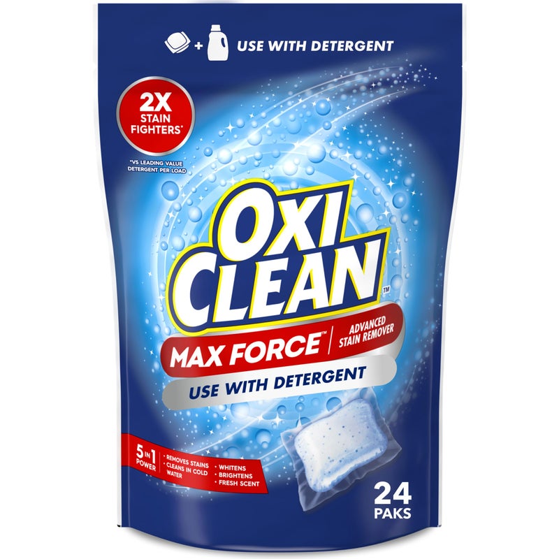OxiClean Max Force Advanced Stain Remover Power Paks, Use with Detergent to Remove Stubborn Stains, Whiten, Brighten, and Boost Freshness, for All Temps and Washing Machines, 24 count - Image 1