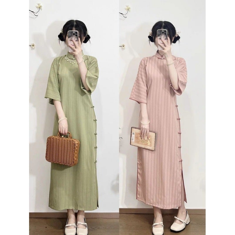 National Style New Chinese Cheongsam One-Piece Ancient Style Non-Provincial Stripes Inverted Large Sleeve Girl Style Student New Waist Cheongsam - Image 2