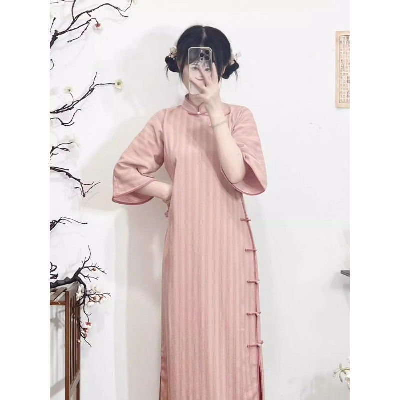 National Style New Chinese Cheongsam One-Piece Ancient Style Non-Provincial Stripes Inverted Large Sleeve Girl Style Student New Waist Cheongsam - Image 3