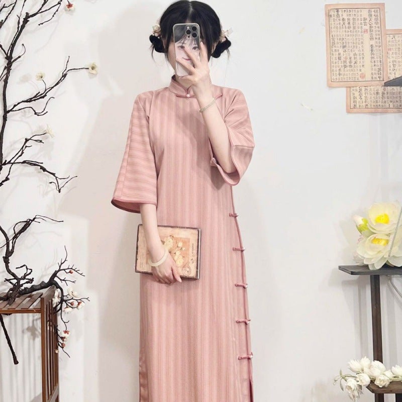 National Style New Chinese Cheongsam One-Piece Ancient Style Non-Provincial Stripes Inverted Large Sleeve Girl Style Student New Waist Cheongsam - Image 1