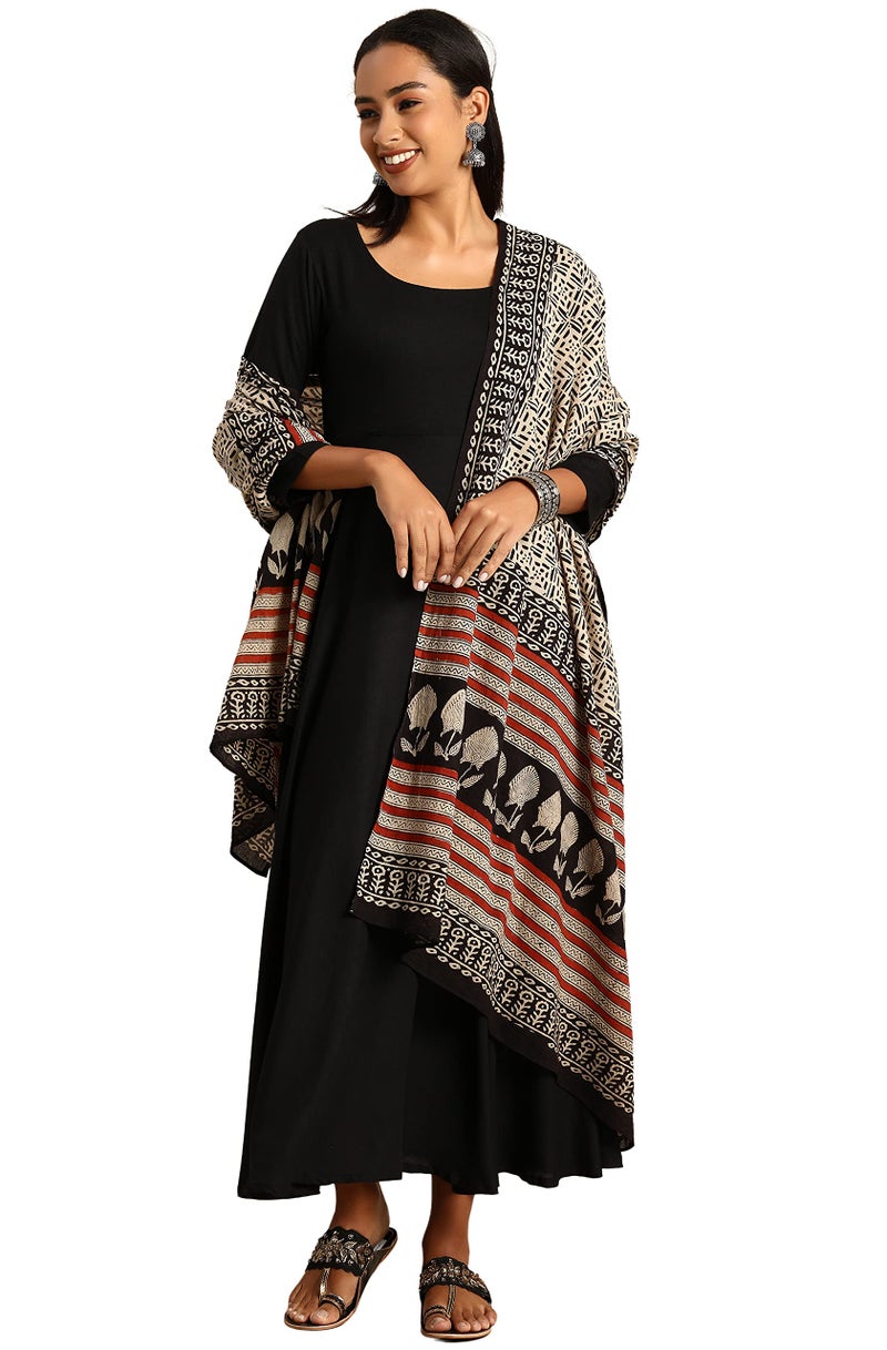 Janasya Women Black Rayon Kurta Dupatta Set with Solid Print Outfit for Women - Image 1