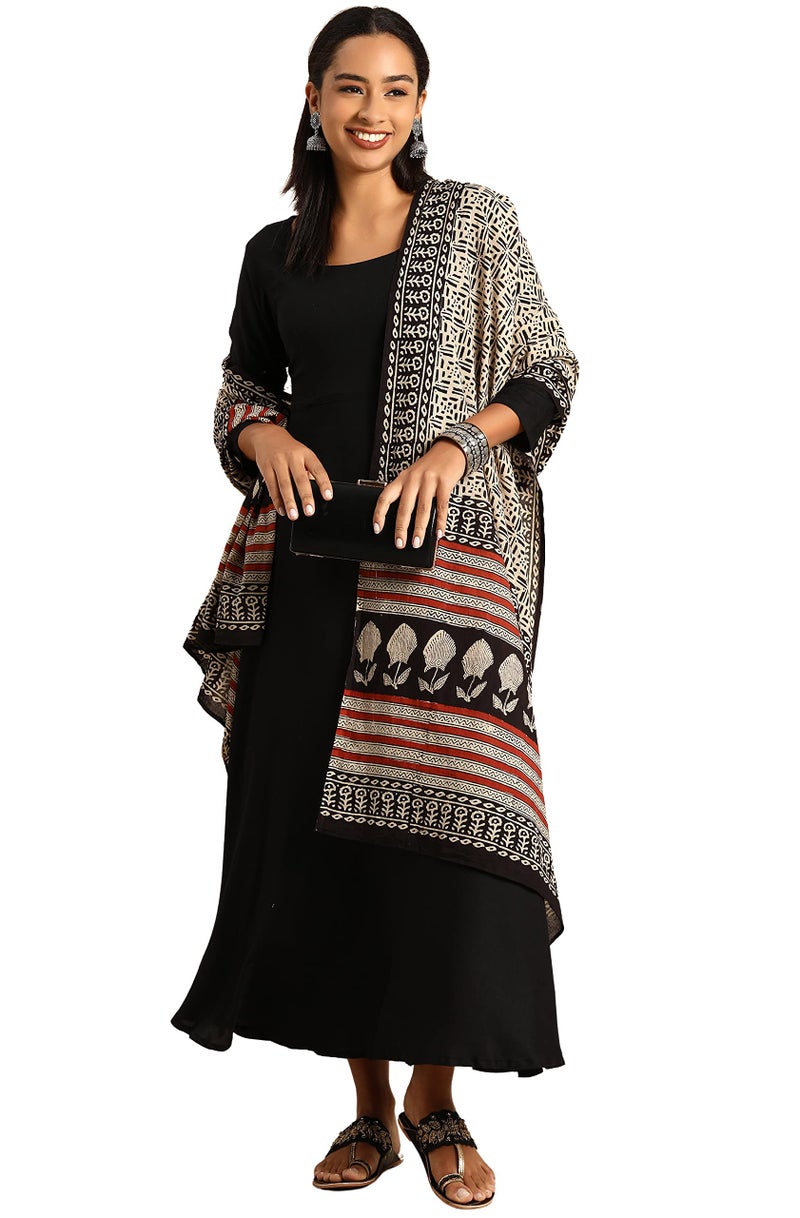 Janasya Women Black Rayon Kurta Dupatta Set with Solid Print Outfit for Women - Image 2