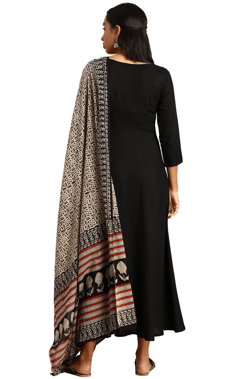 Janasya Women Black Rayon Kurta Dupatta Set with Solid Print Outfit for Women - Image 4