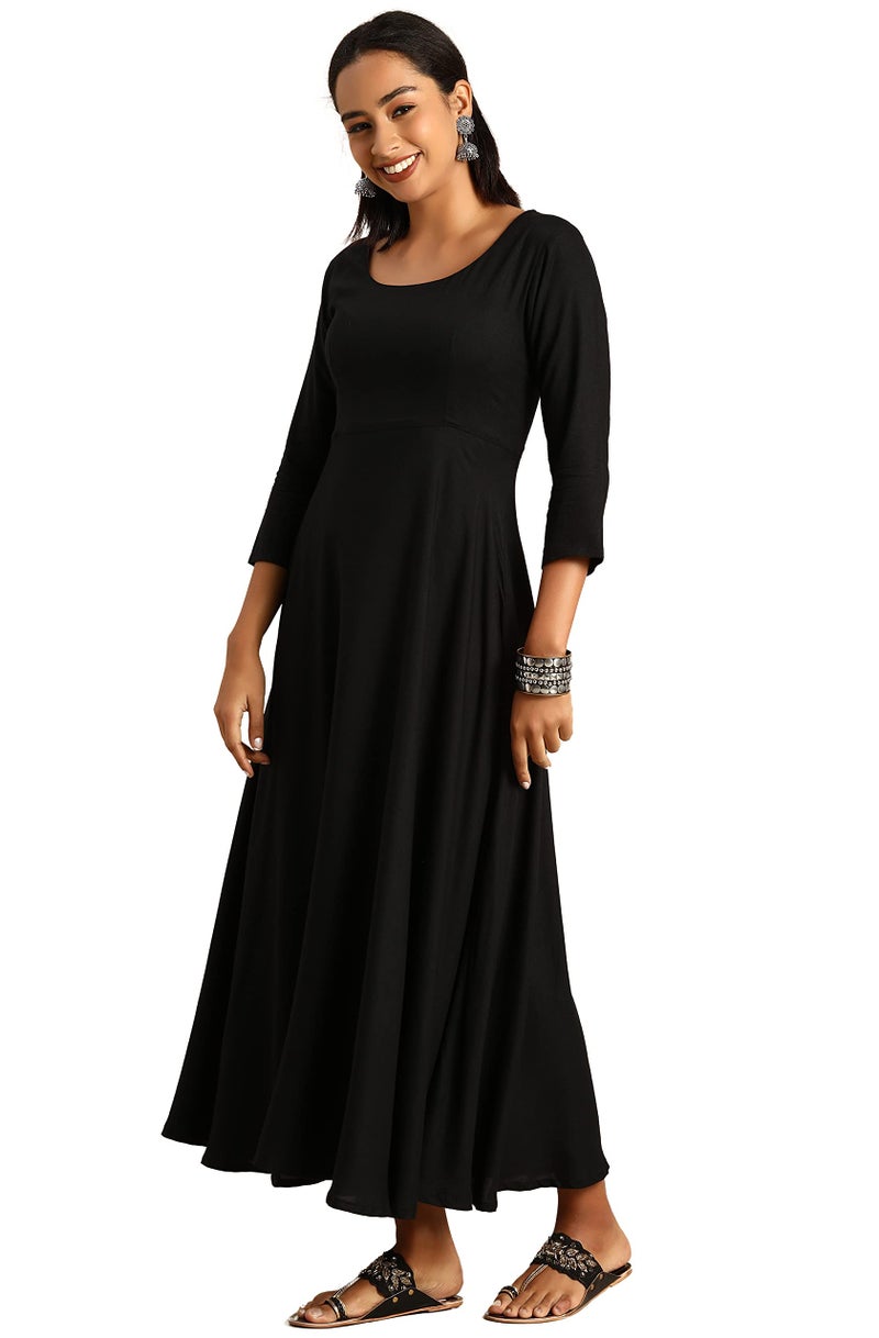 Janasya Women Black Rayon Kurta Dupatta Set with Solid Print Outfit for Women - Image 3