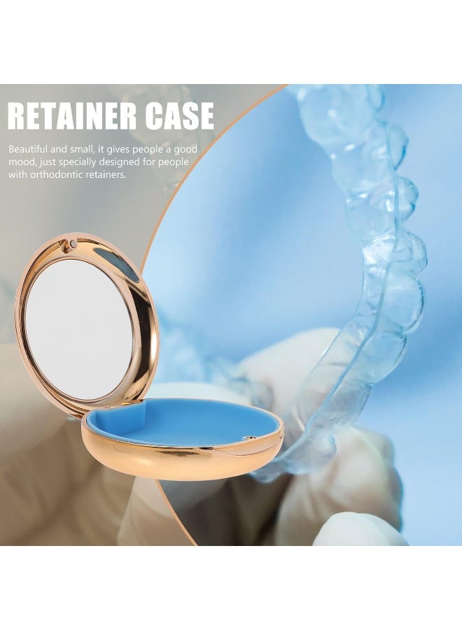 Healifty Portable Dental Retainer Box Dental Braces Case Practical Invisible Denture Case Dental Mouth Guard Case With Mirror Oral Care Box (Golden), 8.7X2.7Cm - Image 3