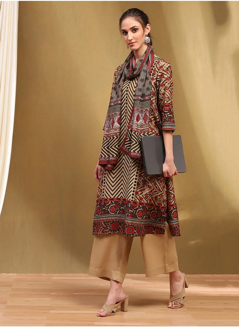 Biba Printed 3 Pcs Kurti Bottom & Dupatta Set