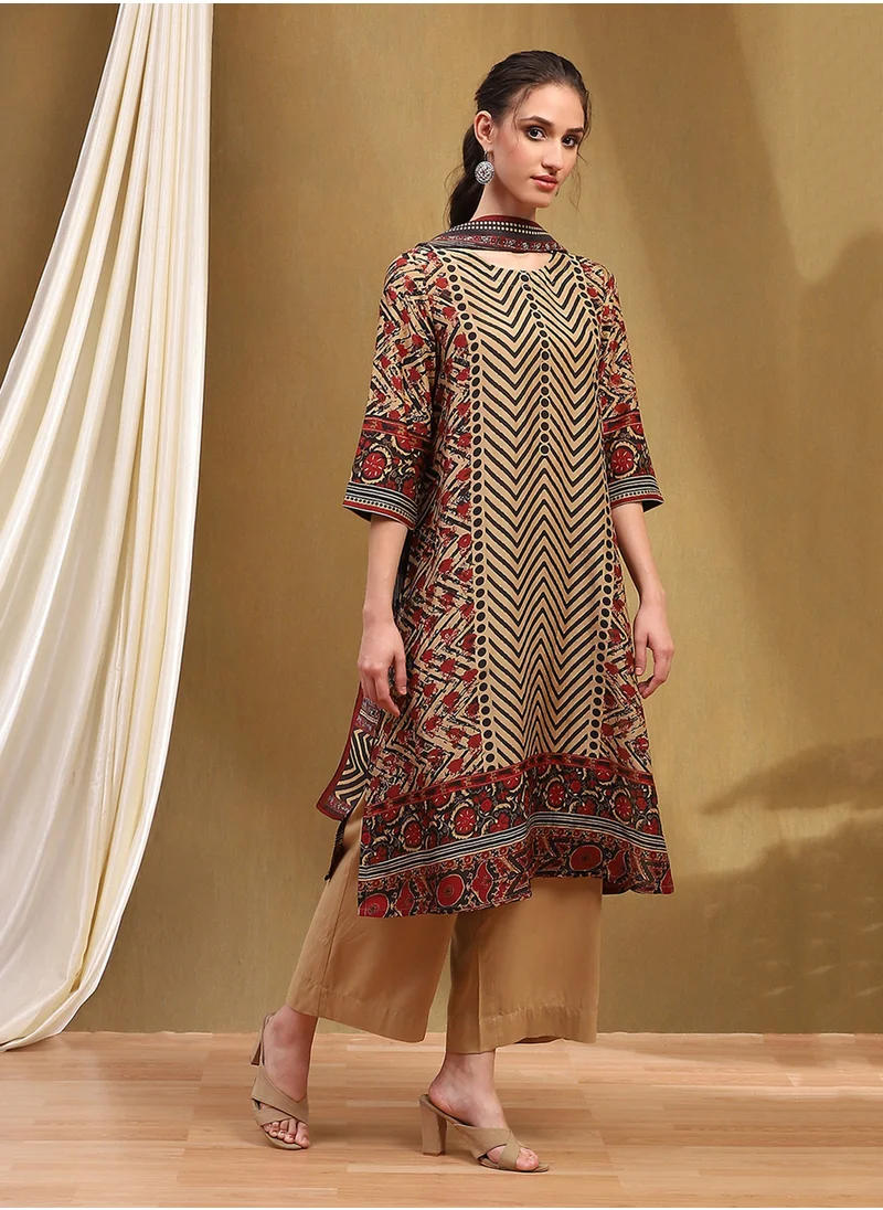 Biba Printed 3 Pcs Kurti Bottom & Dupatta Set