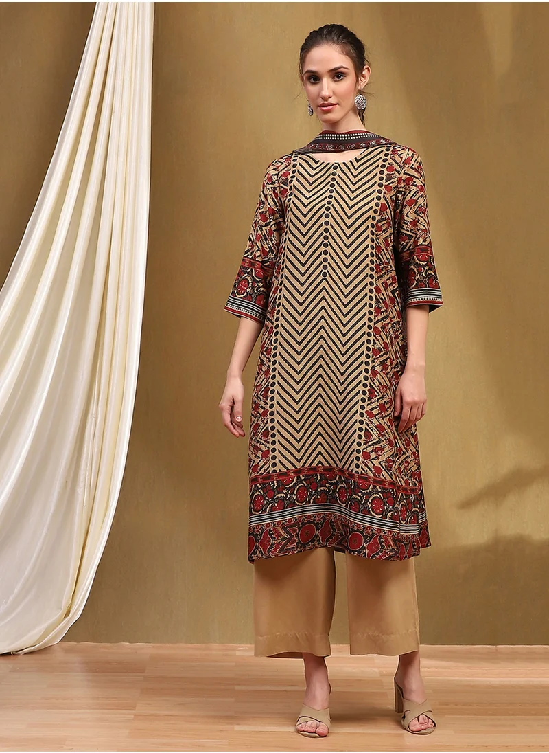 Biba Printed 3 Pcs Kurti Bottom & Dupatta Set