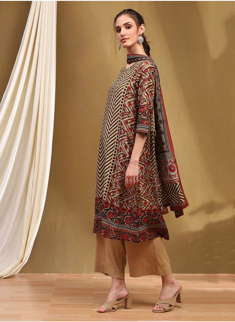 Biba Printed 3 Pcs Kurti Bottom & Dupatta Set
