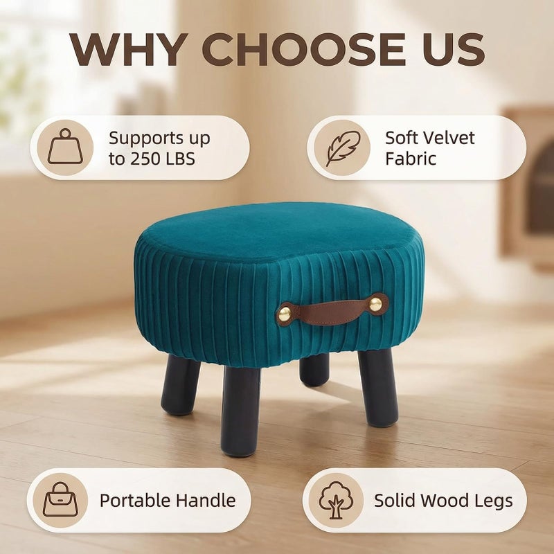 Leesingdo Small Footstool with Handle, Velvet Ottoman Foot Rest with Padded Seat, Curved Foot Stool with Wooden Legs, Portable Foot Rest for Living Room, Bedroom, Entryway, Peacock Blue - Image 2