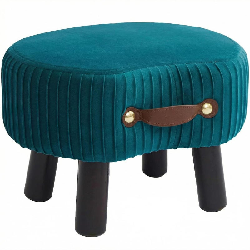 Leesingdo Small Footstool with Handle, Velvet Ottoman Foot Rest with Padded Seat, Curved Foot Stool with Wooden Legs, Portable Foot Rest for Living Room, Bedroom, Entryway, Peacock Blue - Image 1
