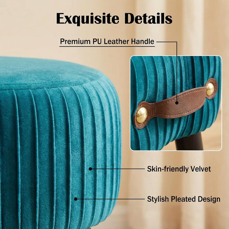 Leesingdo Small Footstool with Handle, Velvet Ottoman Foot Rest with Padded Seat, Curved Foot Stool with Wooden Legs, Portable Foot Rest for Living Room, Bedroom, Entryway, Peacock Blue - Image 4