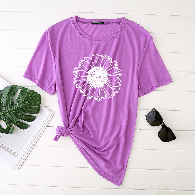 2020 Women's T-shirt Printed Sunflower Pattern Polyester Cotton T-shirt Women's Top s-9701 - Image 5