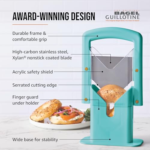 Hoan Bagel Guillotine Universal Slicer with Built In Safety Shield to Protect Fingers. Perfect for Smoothly Slicing Bagels, Buns, Muffins and More, Non Stick. 9.25 inch, Aqua Sky - Image 4