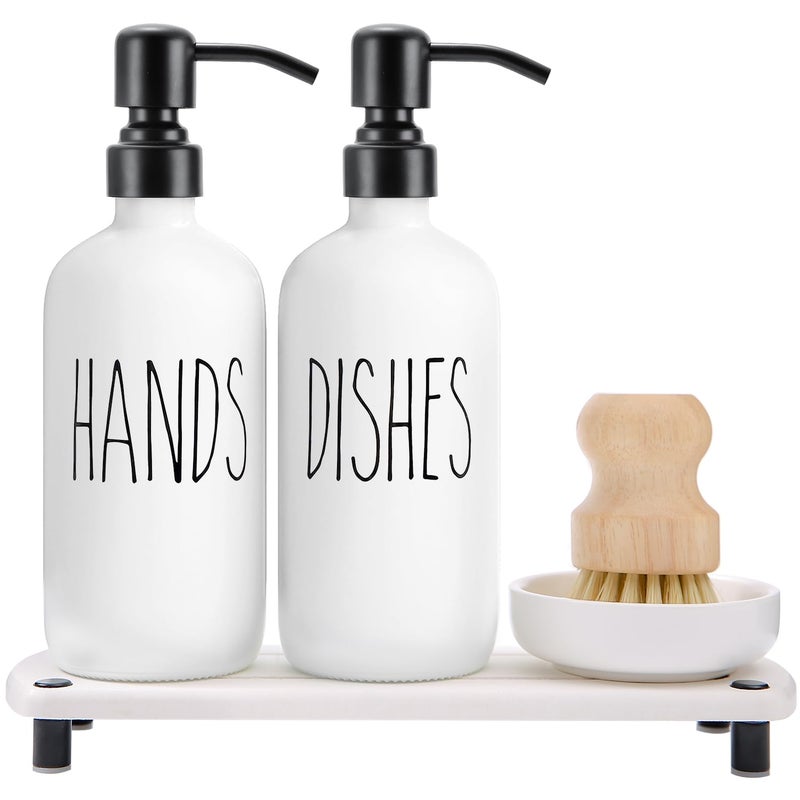 MOMEEMO White Soap Dispenser Set Comes with Stainless Steel Pumps, Instant Dry Tray, and Dish Scrub Brush, Suitable for Kitchen Accessories and Farmhouse Decor. (White) - Image 1