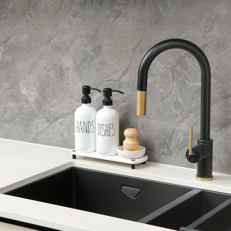 MOMEEMO White Soap Dispenser Set Comes with Stainless Steel Pumps, Instant Dry Tray, and Dish Scrub Brush, Suitable for Kitchen Accessories and Farmhouse Decor. (White) - Image 3