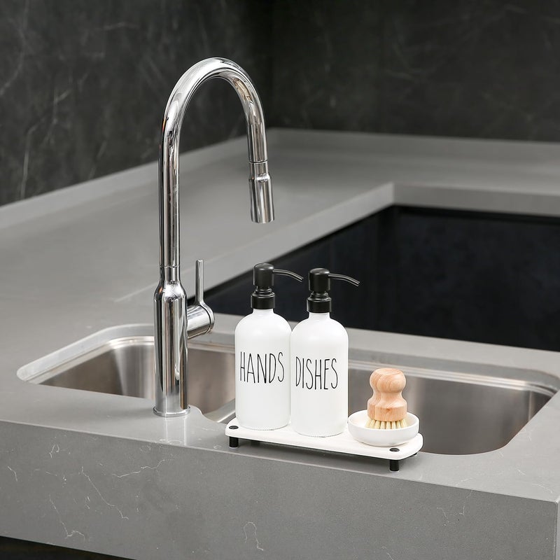 MOMEEMO White Soap Dispenser Set Comes with Stainless Steel Pumps, Instant Dry Tray, and Dish Scrub Brush, Suitable for Kitchen Accessories and Farmhouse Decor. (White) - Image 5