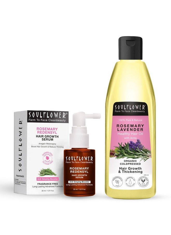 Soulflower Rosemary Redensyl Hair Growth Serum 30Ml With 4% Anagain 1% Melanogray Caffeine Biotin Keratin Tea Tree Chia Seeds & Rice Water & Rosemary Lavender Healthy Hair Oil 225Ml | Pack Of 2  - Image 1