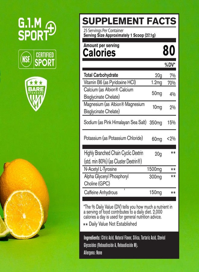 بير بيرفورمانس نيوتريشن مكمل غذائي قبل التمرين G.1.M Sport+ Endurance من BARE PERFORMANCE NUTRITION بنكهة الليمون والليمون الحامض | 25 حصة | 20 غرام كربوهيدرات، 350 ملغ صوديوم، 150 ملغ كافيين | إلكتروليتات، منشطات ذهنية، ودكسترين عنقودي® للطاقة والتركيز - Image 4