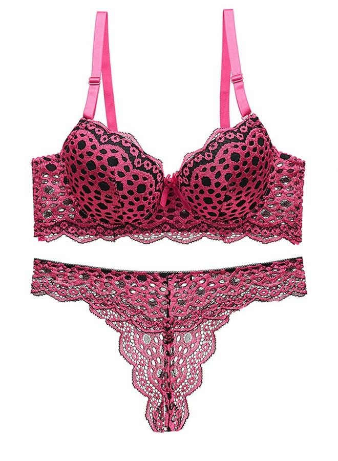 Loquat Red And Black  Color Matching  Leopard Grain Lace Bra Panty Set 