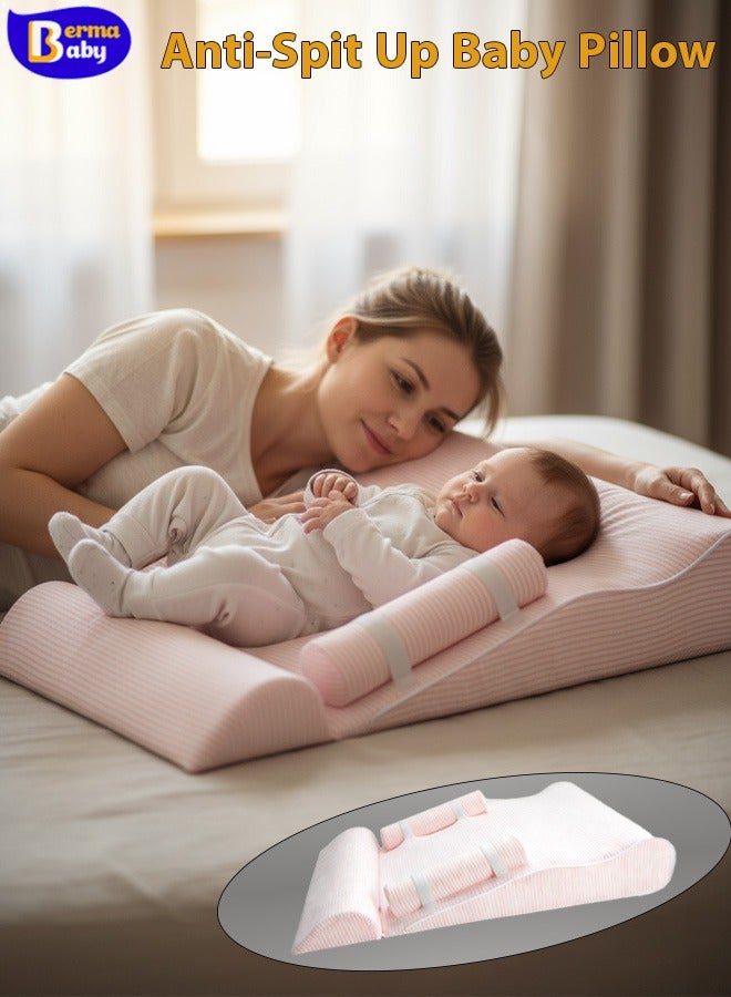 Berma Baby وسائد حضانة للأطفال، وسادة رضاعة طبيعية بإمالة 30 درجة، عش للأطفال، وسادة مريحة مضادة للقيء، تمنع ارتجاع الرأس المسطح من البصق، قطن نقي ناعم مسامي (وردي) - Image 1