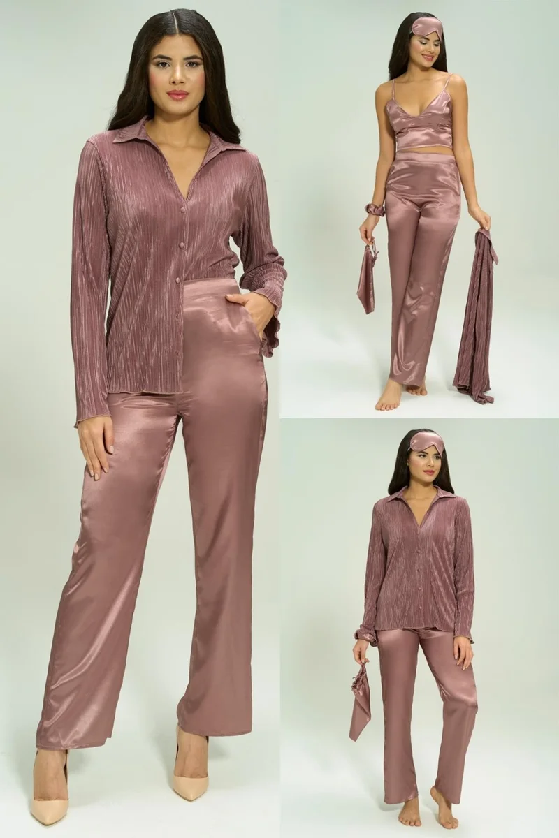 فور يو ان اند اوت 6-Piece Pleated Mink Bustier Pajama Set S27573