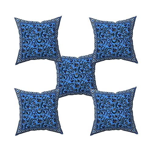 Blizz Mont | Ethnic Motif Printed Cushion Cover | Pure Cotton | Size- 16 x 16 inches- Set of 5- (BM1025-BLUE-JL) - Image 1
