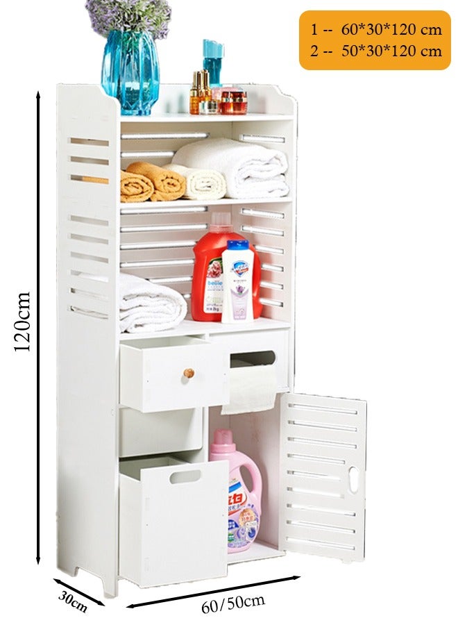 Eworld Waterproof White PVC Floor Cabinet Organizer, Stylish Storage Solution Featuring Shelves, Drawer, Tissue Holder, and Door for Bathroom, Kitchen, Living Room, or Bedroom Accessories, Available in 2 Sizes - Image 2