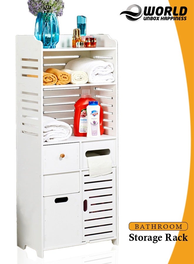 Eworld Waterproof White PVC Floor Cabinet Organizer, Stylish Storage Solution Featuring Shelves, Drawer, Tissue Holder, and Door for Bathroom, Kitchen, Living Room, or Bedroom Accessories, Available in 2 Sizes - Image 1