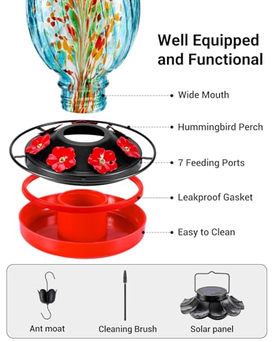 HouseSapp Solar Hummingbird Feeder - 49 fl.oz Hand Blown Glass Color Changing - 7 Feeding Ports with Perch - Never Leak - Perfect Hummingbird Feeder for Outdoors Hanging (Blue) - Image 3