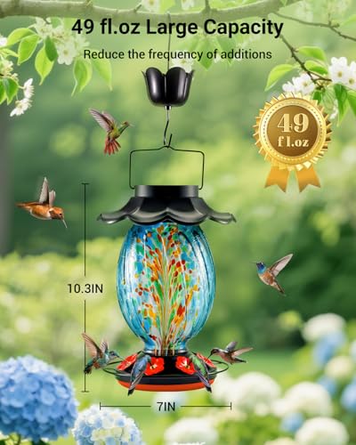 HouseSapp Solar Hummingbird Feeder - 49 fl.oz Hand Blown Glass Color Changing - 7 Feeding Ports with Perch - Never Leak - Perfect Hummingbird Feeder for Outdoors Hanging (Blue) - Image 4